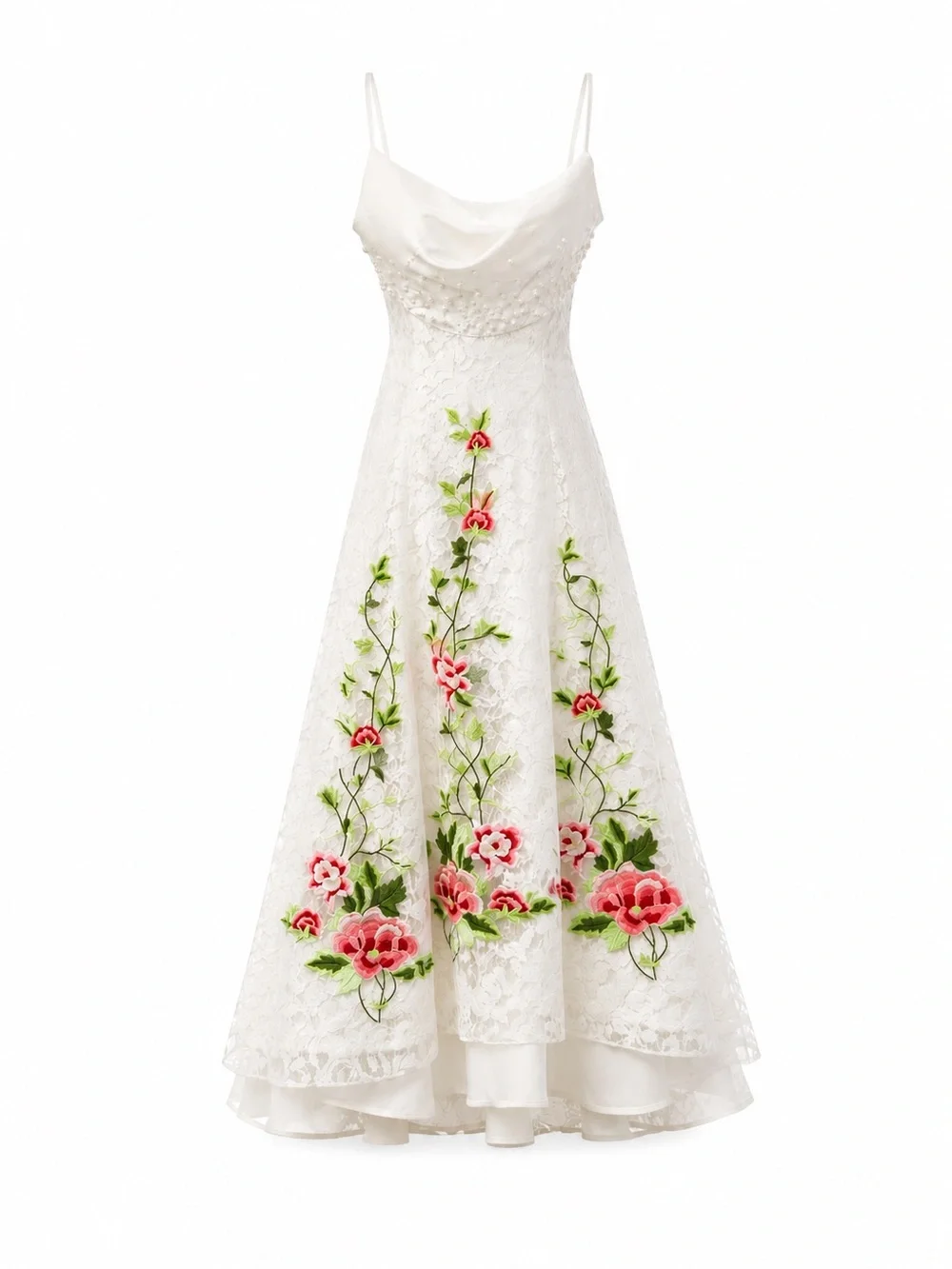 Sherri Hill 50199 White Lace Dress with Pink & Green Floral Embroidery - Picture 1 of 3